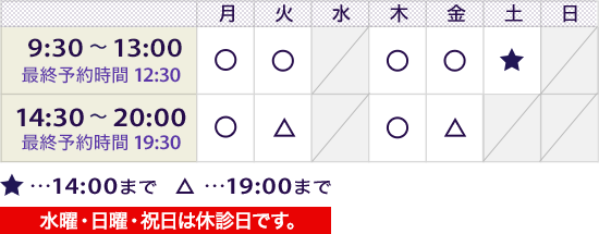 9:30～13:00（最終予約時間 12:30）／14:30～20:00（最終予約時間 19:30）　※火曜・金曜は19:00まで　水曜・祝日・土曜午後・日曜は休診日です。