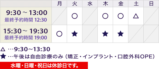 9:30~13:00(最終予約時間 12:30)/15:30~19:30(最終予約時間 19:00)土曜9:30~13:30/火・木・金午後自由診療のみ/休診日:水・日・祝